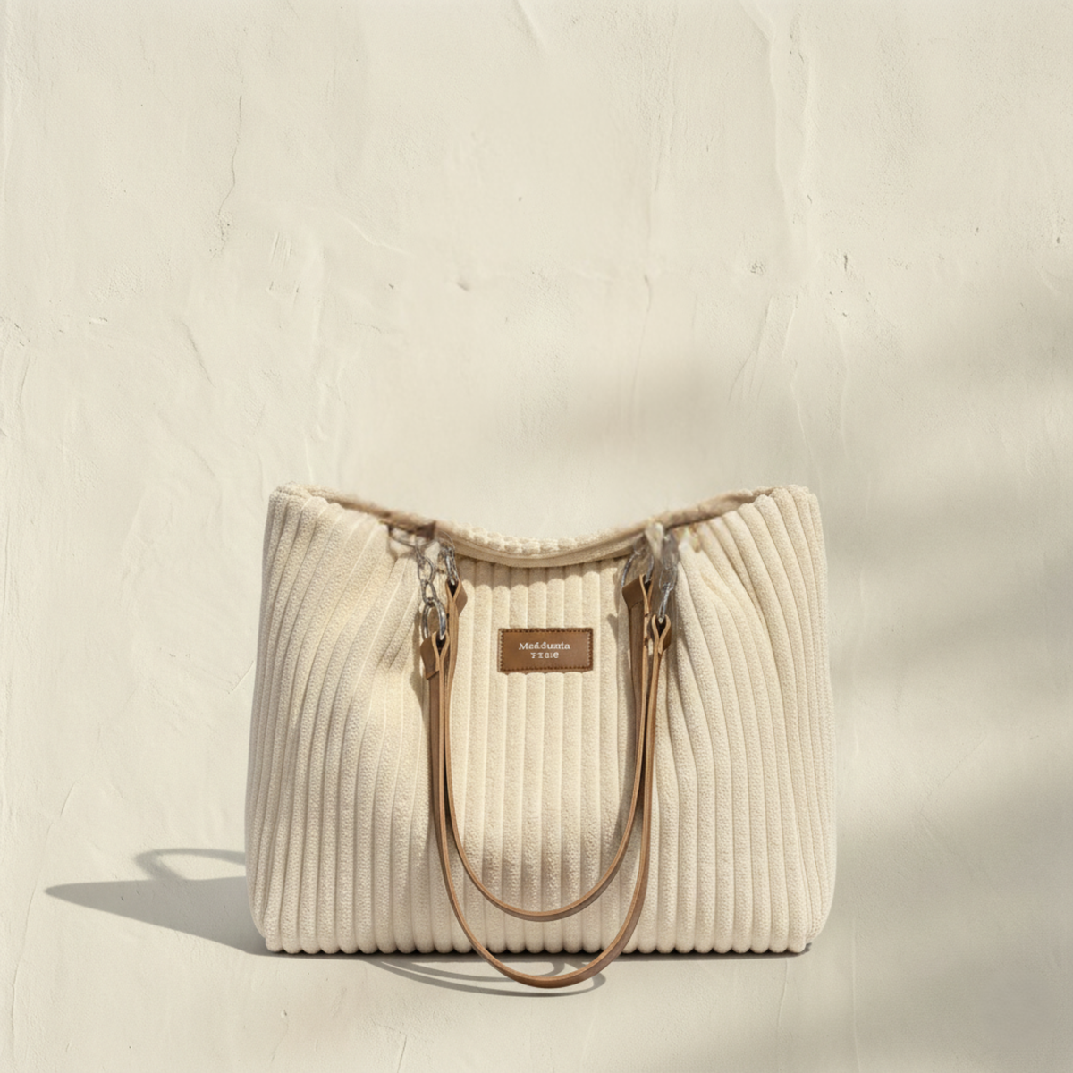 Bolso de pana Veyro Madrid con asas dobles, elegante y de textura suave, mostrado en color marrón claro.
