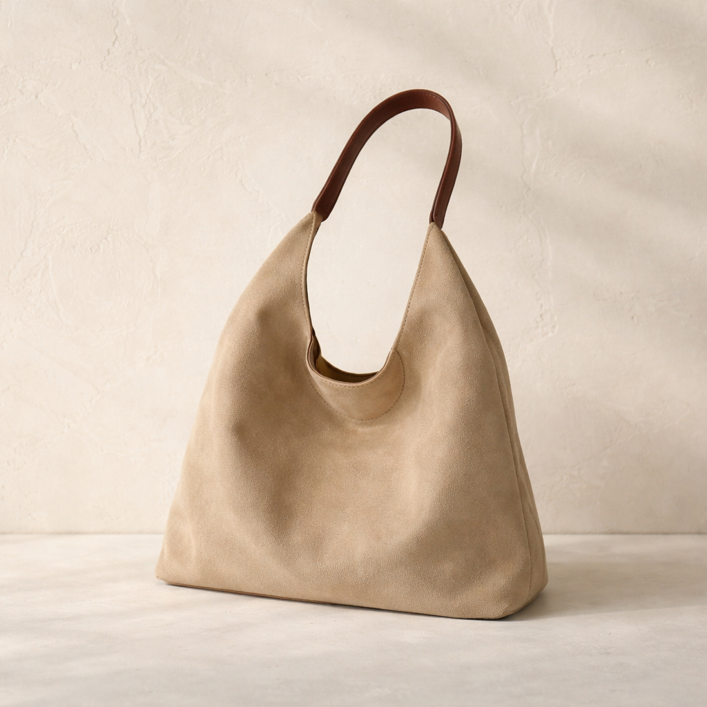 Bolso de ante con asa de Veyro Madrid, diseño elegante en color neutro, mostrando detalles de la textura y forma del bolso.