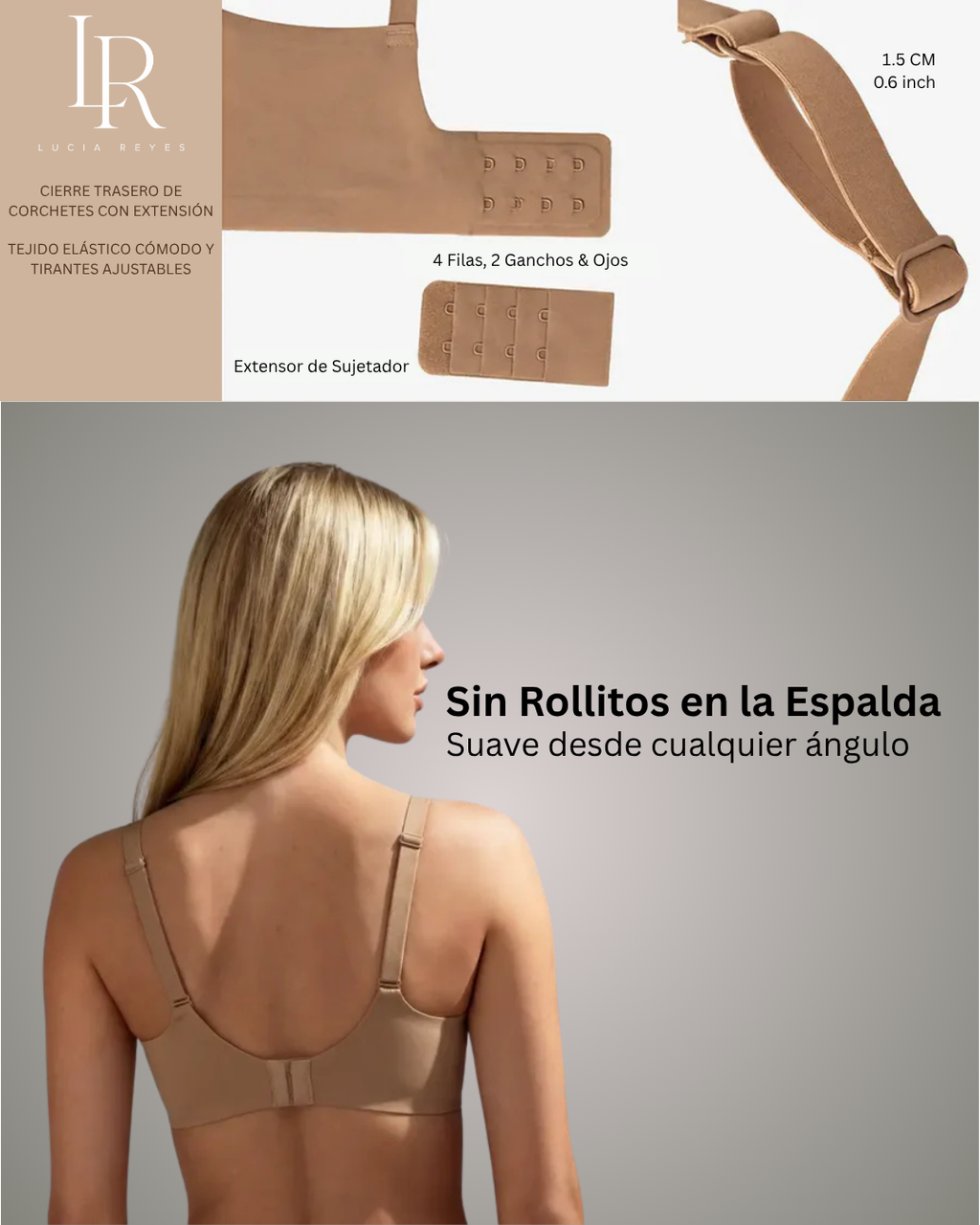 Sujetador de gelatina Veyro Madrid con diseño moldeador invisible y detalles en encaje en color nude sobre fondo blanco.