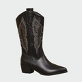 Isabella  Botas Vaqueras En Piel Negra Con Detalles Pluma