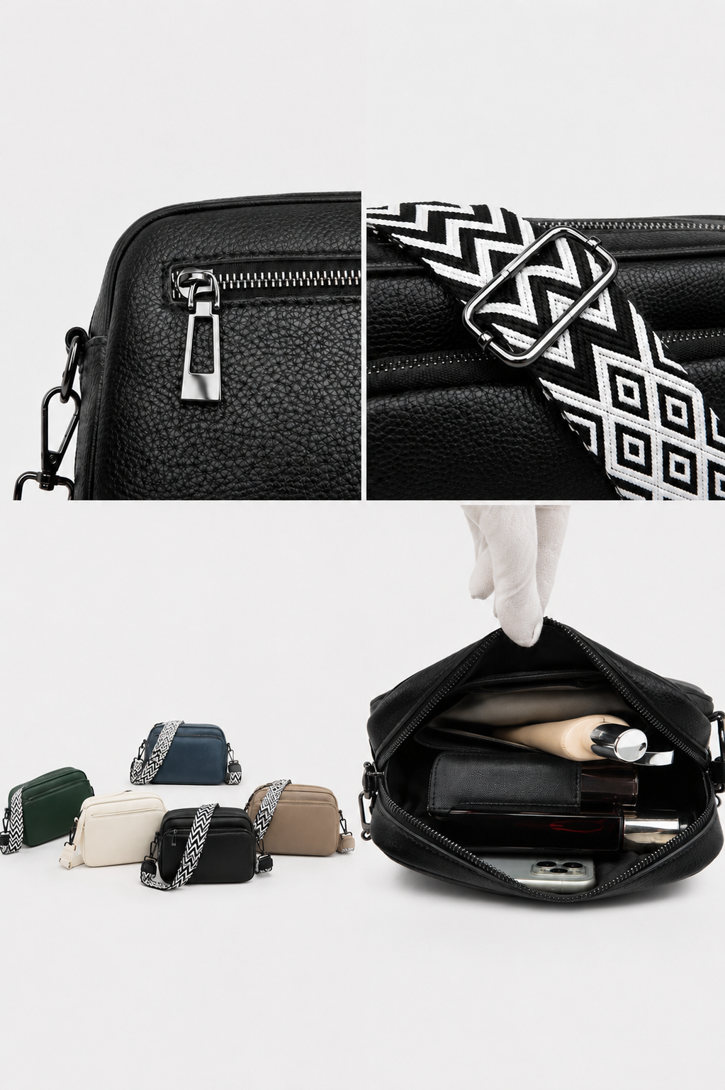 Bolso bandolera Carla de Veyro Madrid con diseño elegante y asa ajustable, en color negro y detalles de cuero.