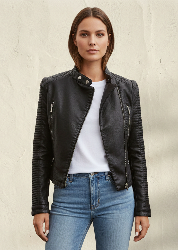 Chaqueta de cuero rosa de temporada de Veyro Madrid, con diseño elegante y detalles modernos en la imagen.