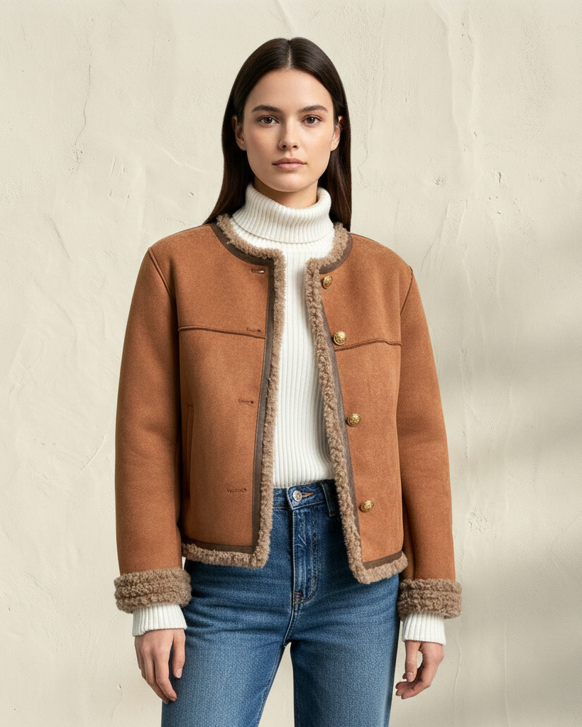 Chaqueta de piel de oveja Veyro Madrid Cora en color gris con detalles de textura suave y cierre frontal.