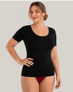 Camiseta moldeadora negra de Veyro Madrid con escote redondo y control de abdomen, ropa ajustada y cómoda para mujer.