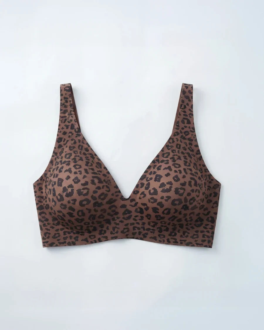 Sujetador de gelatina Veyro Madrid, moldeador invisible en estampado de leopardo, con detalles de encaje y ajuste cómodo.