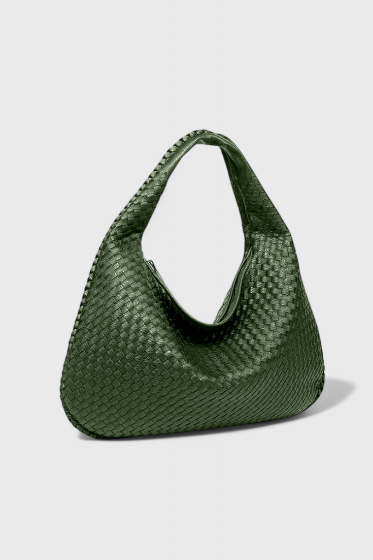 Bolso de hombro tejido Tilly de Veyro Madrid con diseño entrelazado y asa ajustable, en tonos naturales.