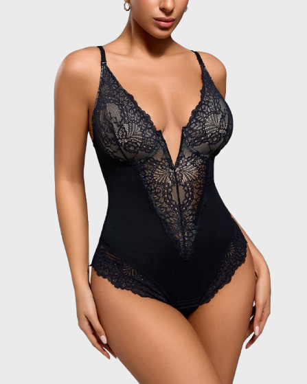 Body de encaje con escote en V profundo y tanga
