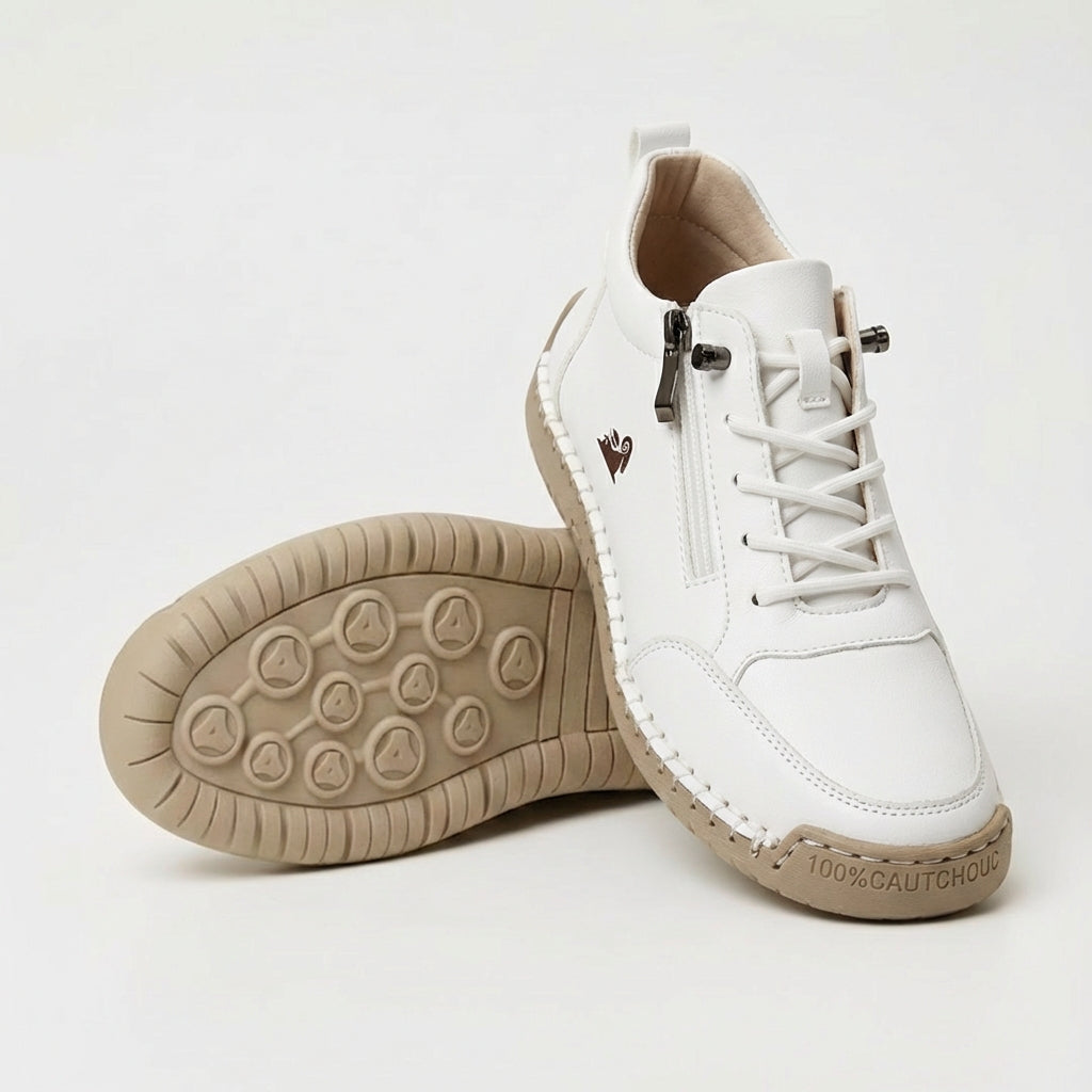 Zapatillas ortopédicas Mila de Veyro Madrid con cremallera, diseño cómodo y soporte para el pie, en color neutro.